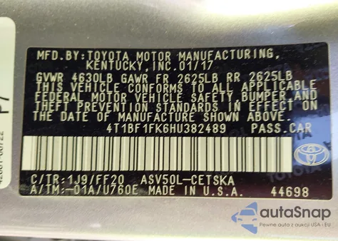 2017 Toyota Camry Se z USA, uszkodzony, nr VIN 4T1BF1FK6HU382489